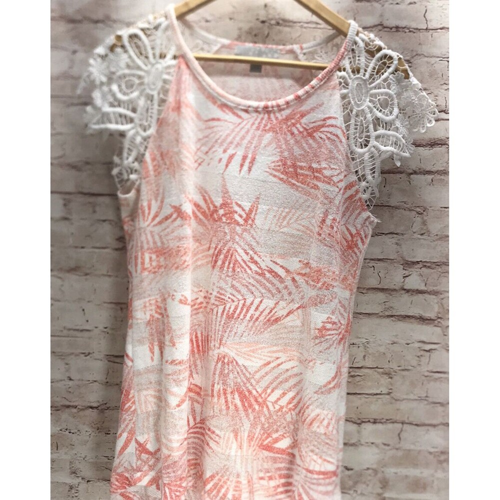 Carolyn Taylor Womens Top Size Large Knit Lace Cap Sleeve Orange White Crew Neck